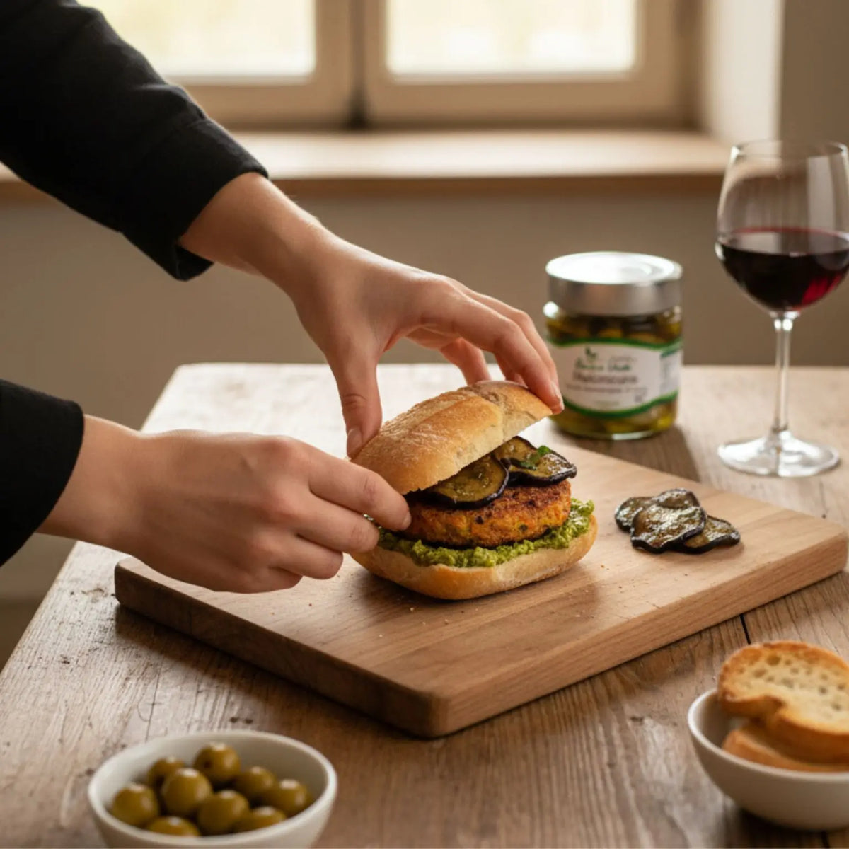 hamburger vegetariano con guacamole e melanzane in olio extravergine di oliva realizzate artigianalmente da mani esperte