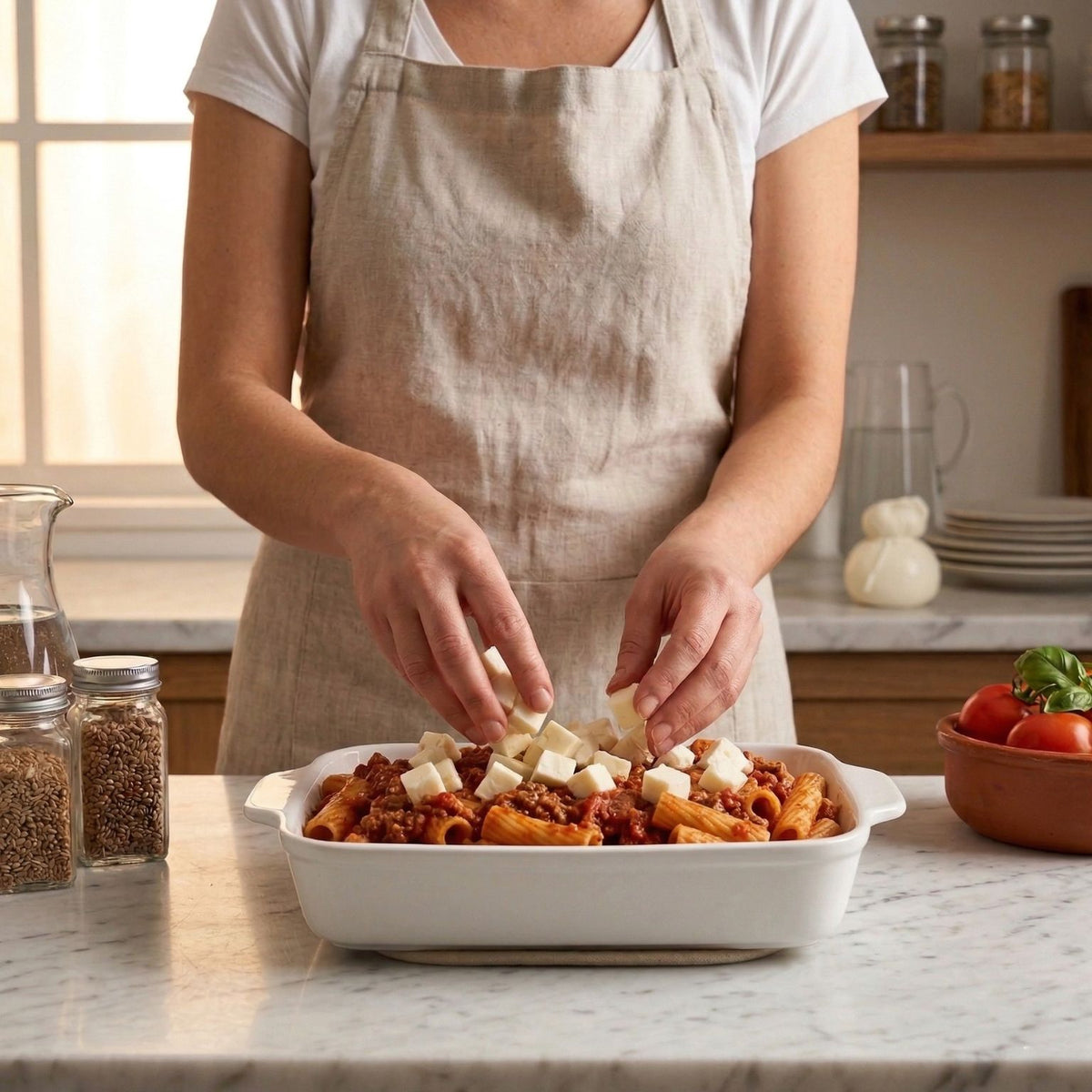 Pasta al forno con rigatoni artigianali e mozzarella passita senza lattosio prodotta in Molise