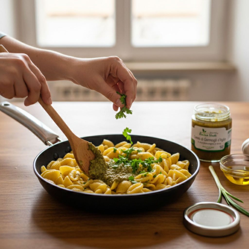pasta di grano duro senatore cappelli condita con crema di germogli d'aglio artigianale e prezzemolo
