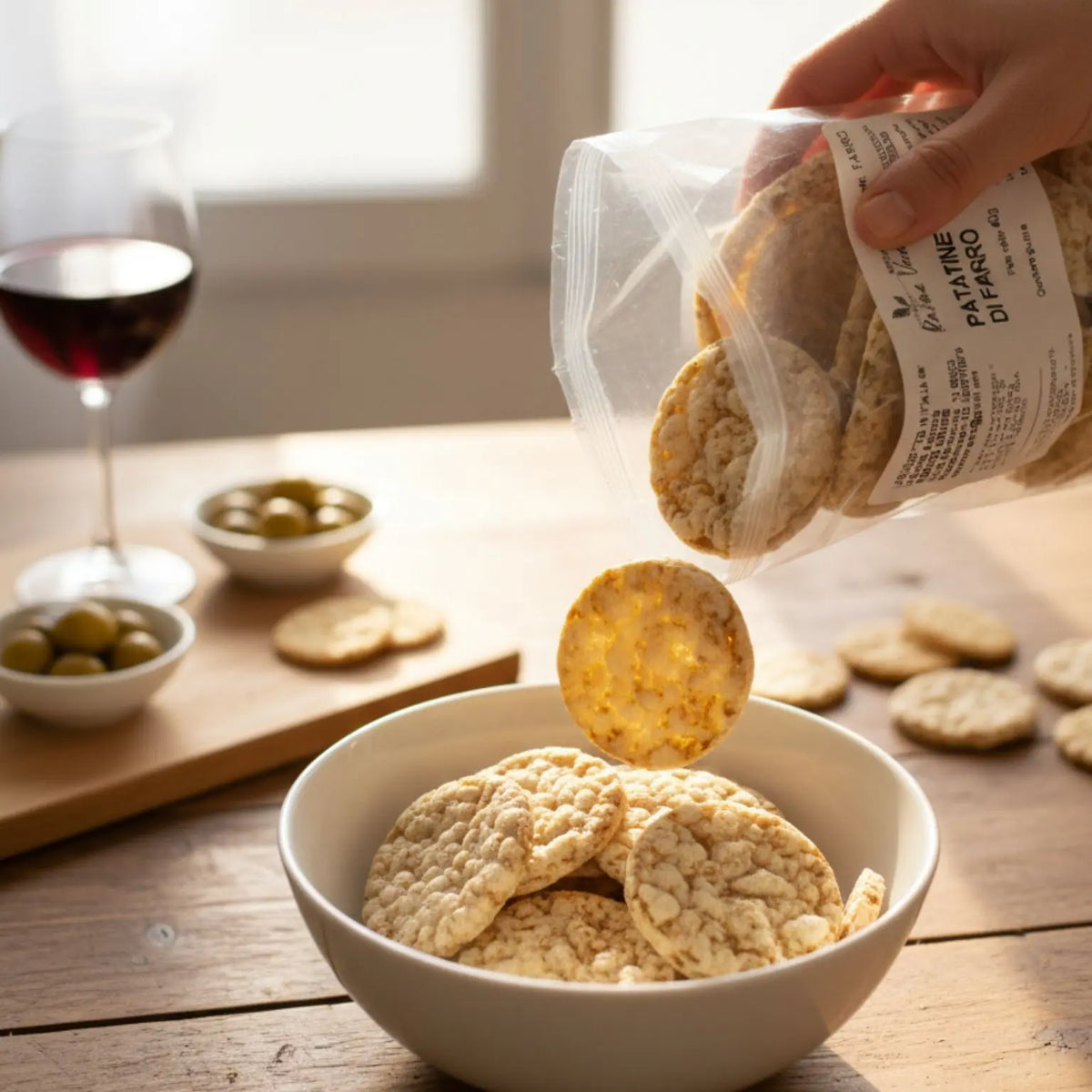 aperitivo con patatine di farro e vino rosso Tintilia