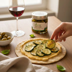 piadina realizzata con farina di ceci e condita con hummus e zucchine in olio evo realizzate artigianalmente 