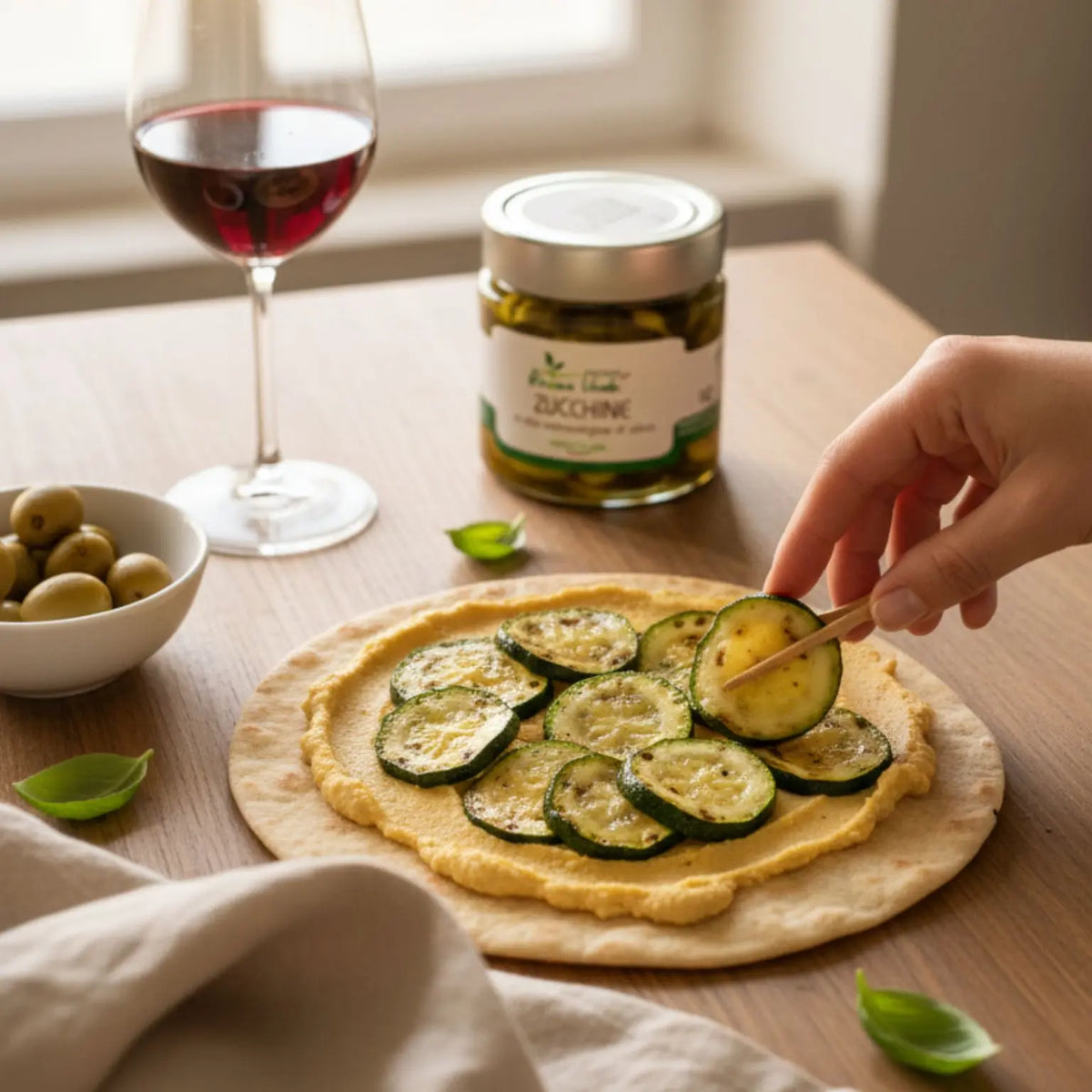 piadina realizzata con farina di ceci e condita con hummus e zucchine in olio evo realizzate artigianalmente 