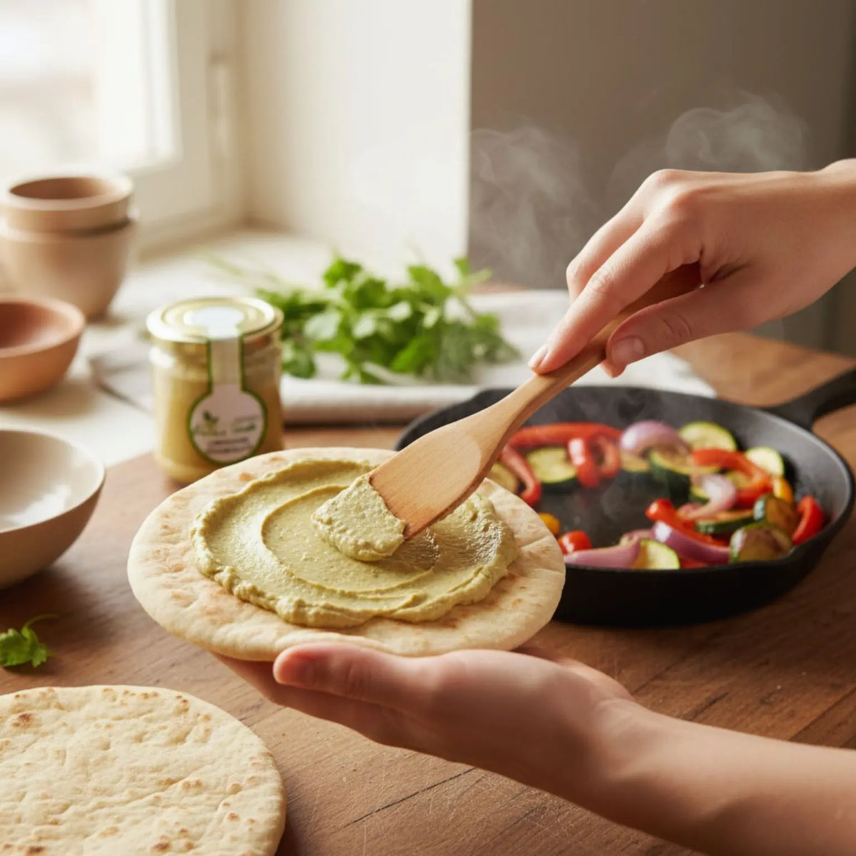 piadina realizzata con farina di ceci e condita con lenticchie decorticate, peperoni, melanzane e cipolla