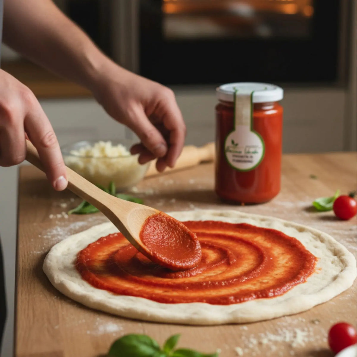 impasto della pizza condita con passata di pomodoro realizzata artigianalmente in Italia