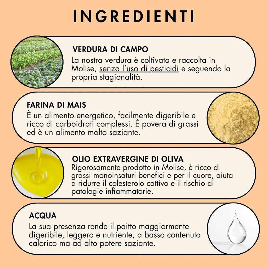 pizza e minestra da filiera cortissima realizzata con verdura mista di campo, farina di mais, acqua, olio extravergine di oliva, sale, carote, sedano, cipolla