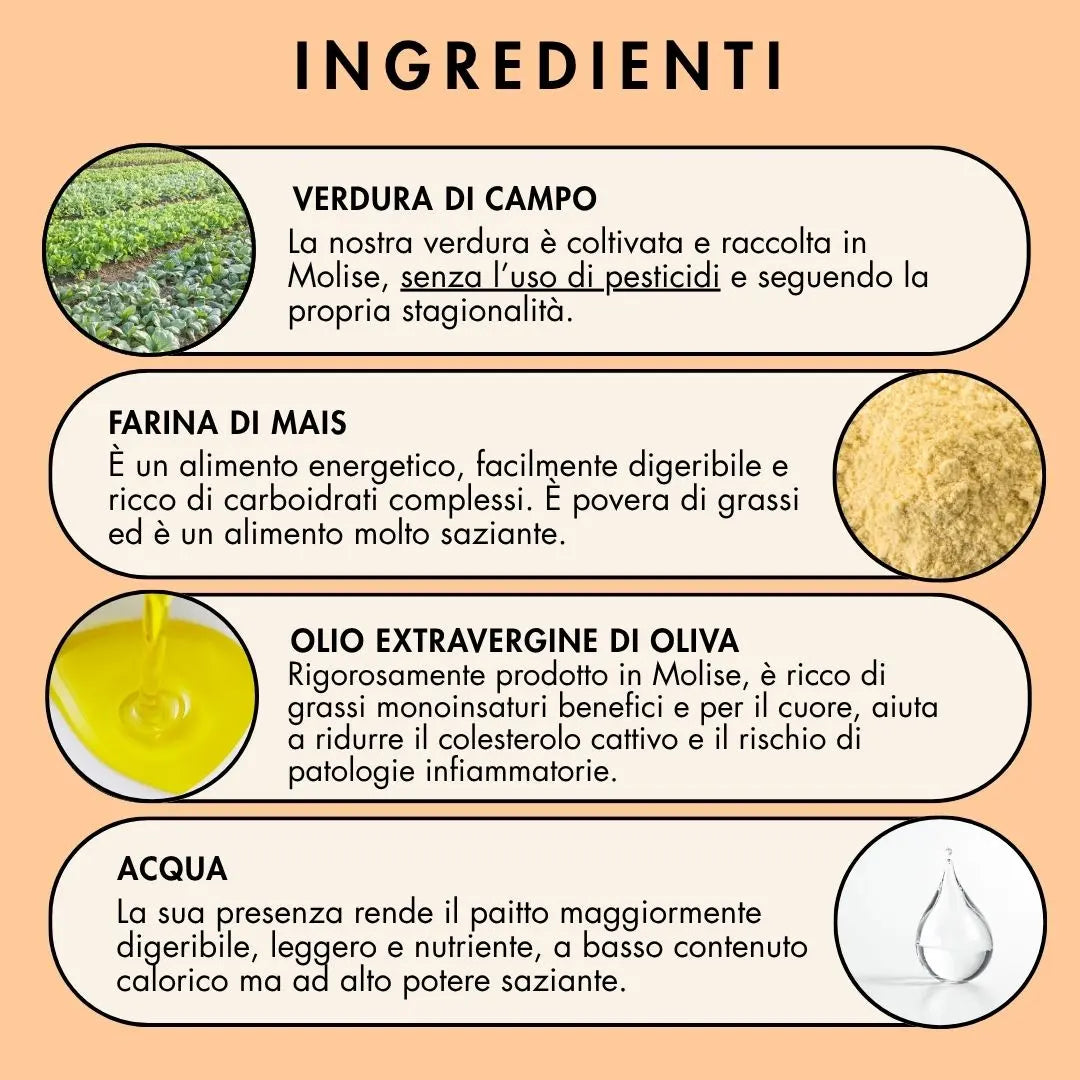 pizza e minestra da filiera cortissima realizzata con verdura mista di campo, farina di mais, acqua, olio extravergine di oliva, sale, carote, sedano, cipolla