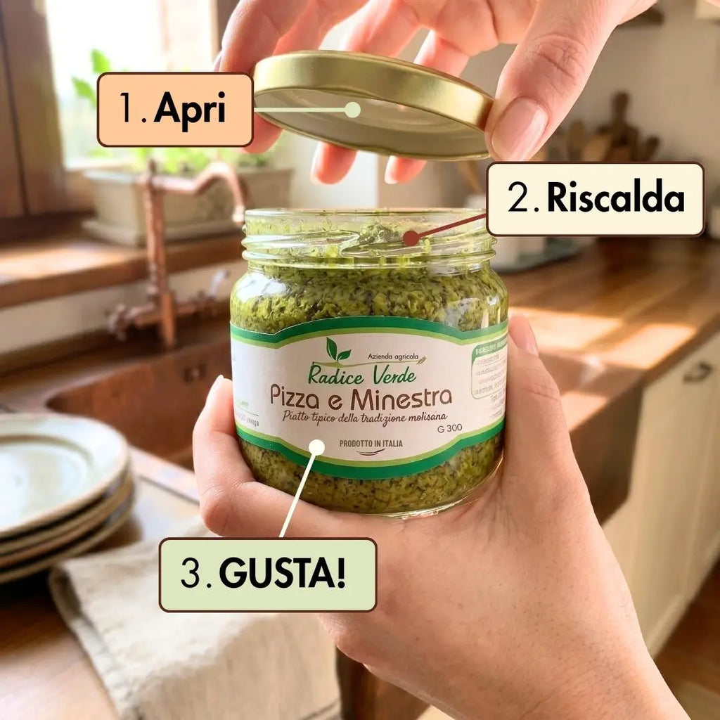 pizza e minestra, senza conservanti, da utilizzare in tre semplici step:
1. apri
2. riscalda
3. gusta