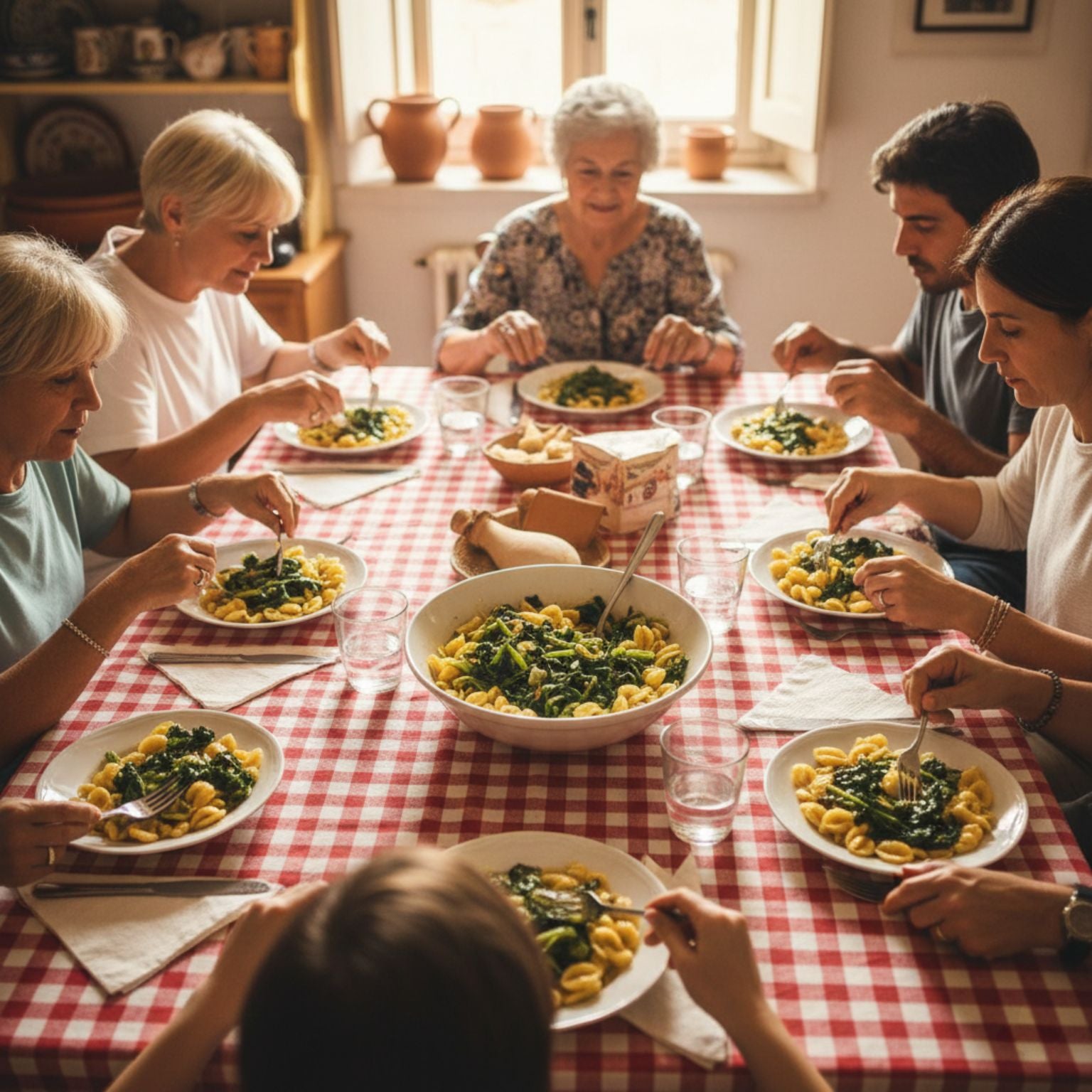 Pranzo in famiglia con piatto di orecchiette e cime di rapa cucinate dalla nonna con cime di rapa fresche raccolte a mano in Molise.