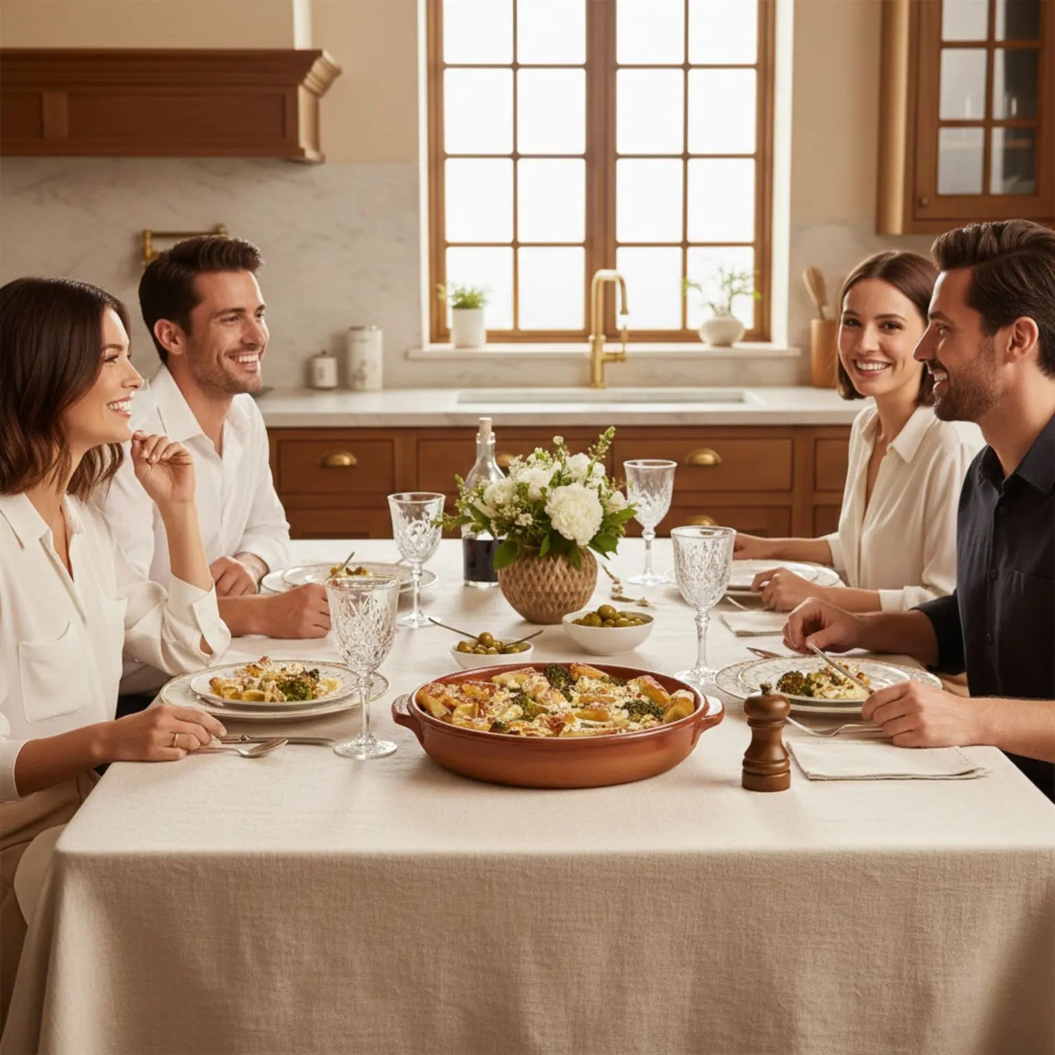 Pranzo tra amici con paccheri di grano duro senaore cappelli al forno con broccoli, ricotta e mozzarella