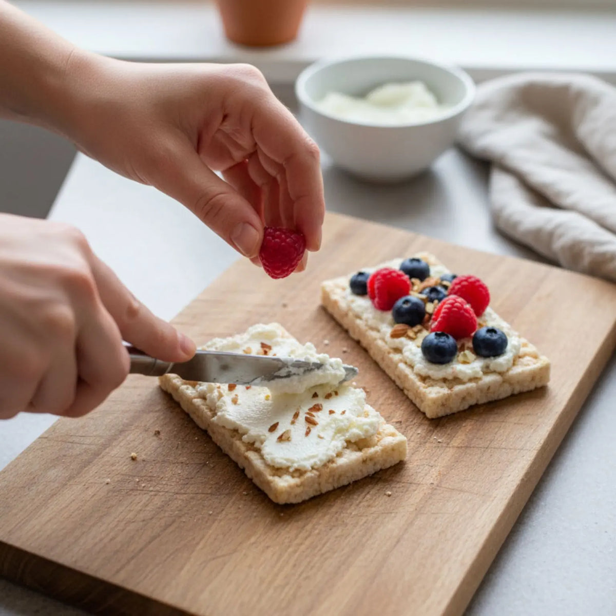 colazione genuina con barrette di farro e orzo artigianali formaggio spalmabile e frutti rossi