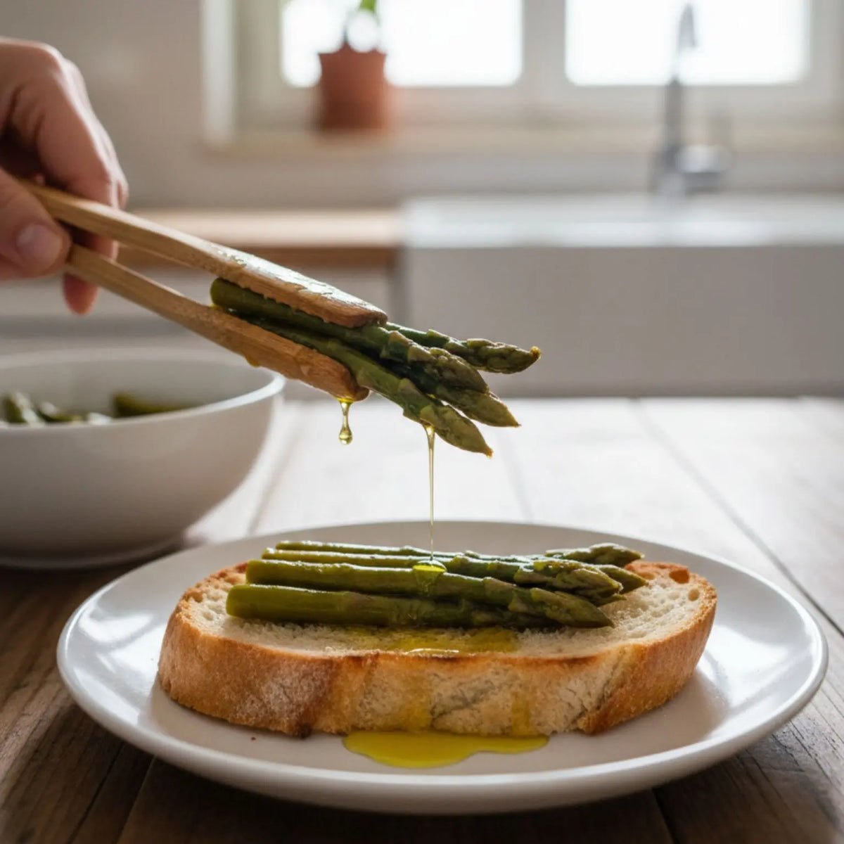 bruschetta di pane artigianale abbrusolito con asparagi in olio extravergine di oliva