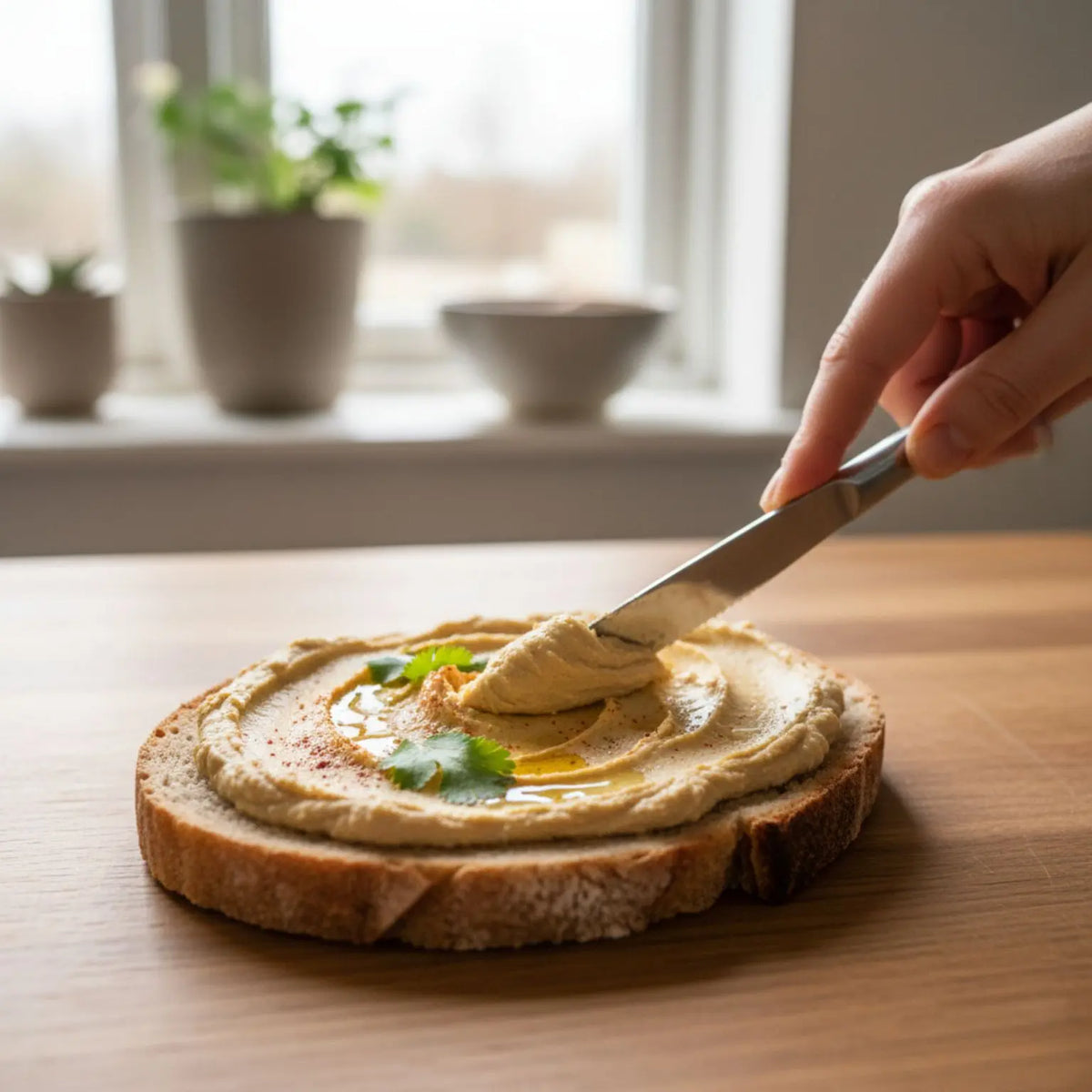 pane artigianale abbrustolito con hummus realizzato con ceci decorticati, prezzemolo e un filo di olio extravergine di oliva