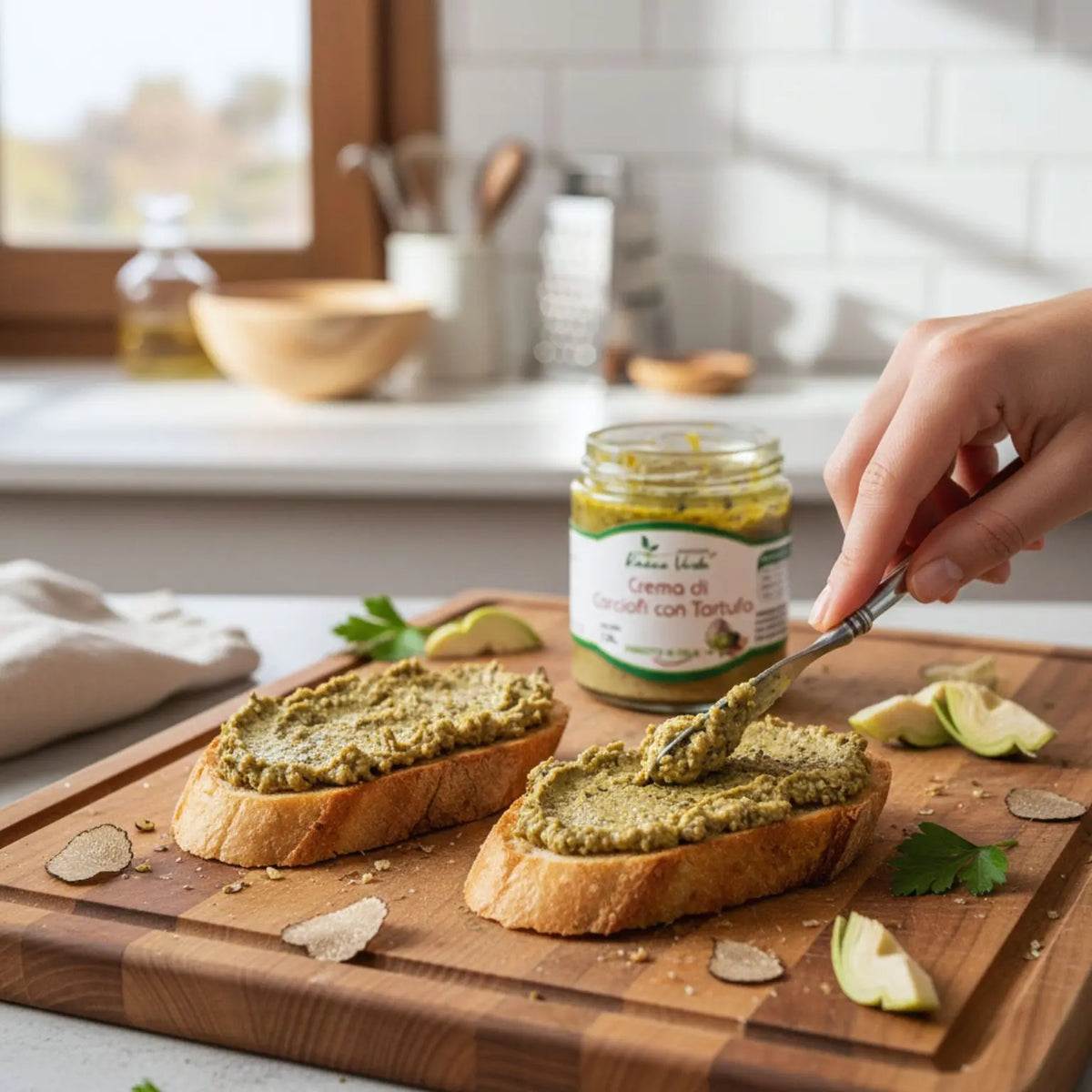 Bruschette di pane artigianale e crema di carciofi e tartufo nero, perfette come aperitivo