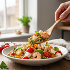 primo piatto con farro semiperlato, feta, pomodorini, gamberi e foglie di menta 