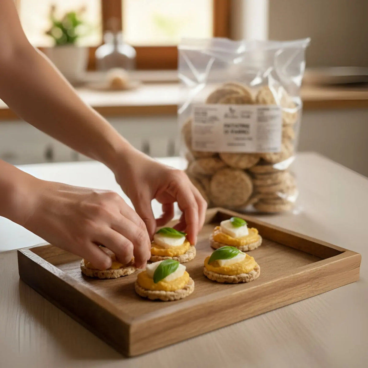 aperitivo con patatine di farro, hummus di ceci, formaggio vegetale e foglie di basilico