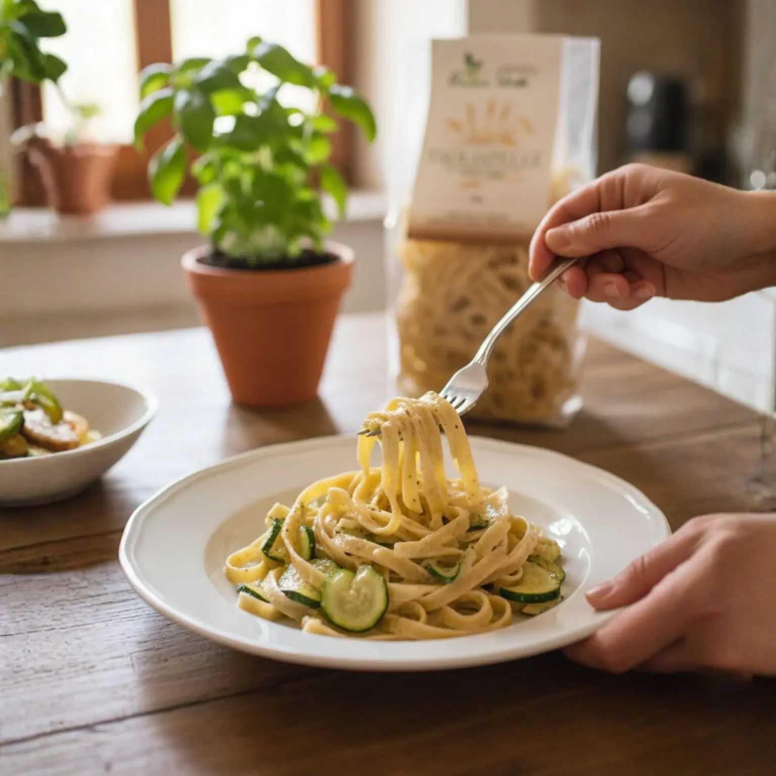 tagliatelle artigianali di grano duro senatore cappelli con zucchine, formaggio vegetale e pepe nero