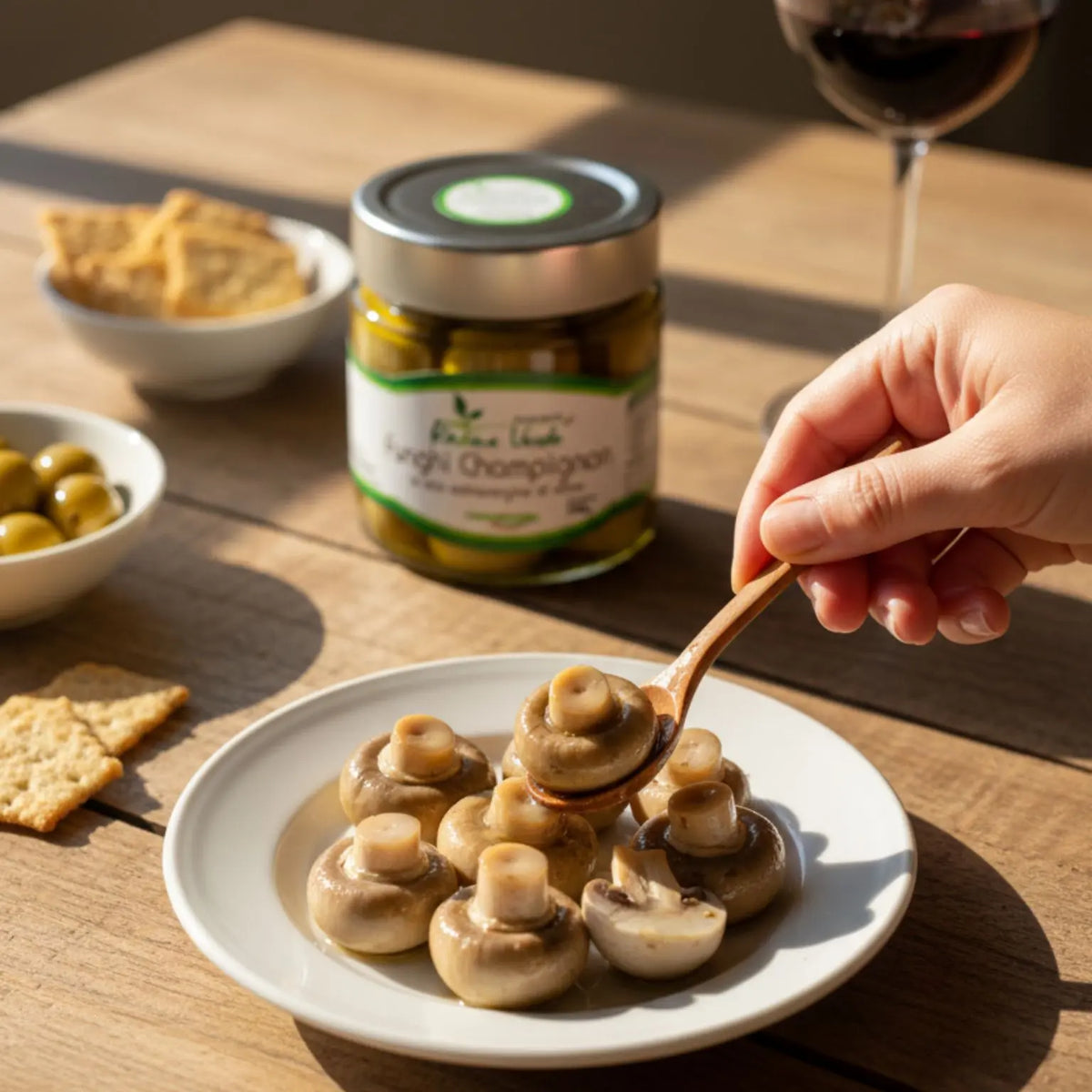 aperitivo con funghi champignon in olio extravergine di oliva , olive, e crackers artigianali