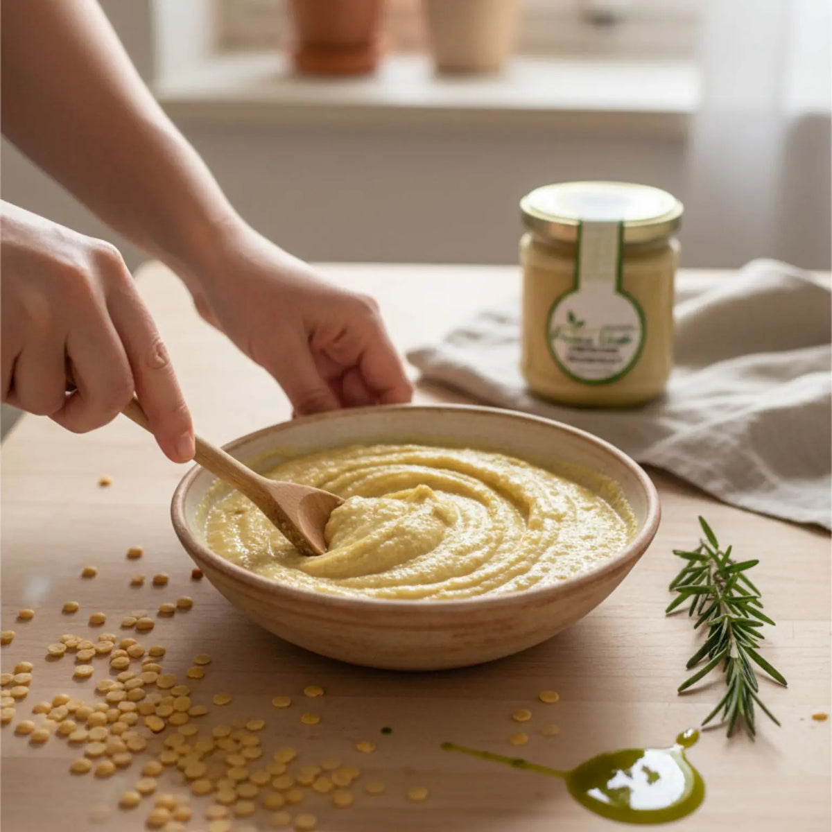crema di lenticchie decorticate realizzate artigianalmente, condita con un filo di olio extravergine di oliva di qualità