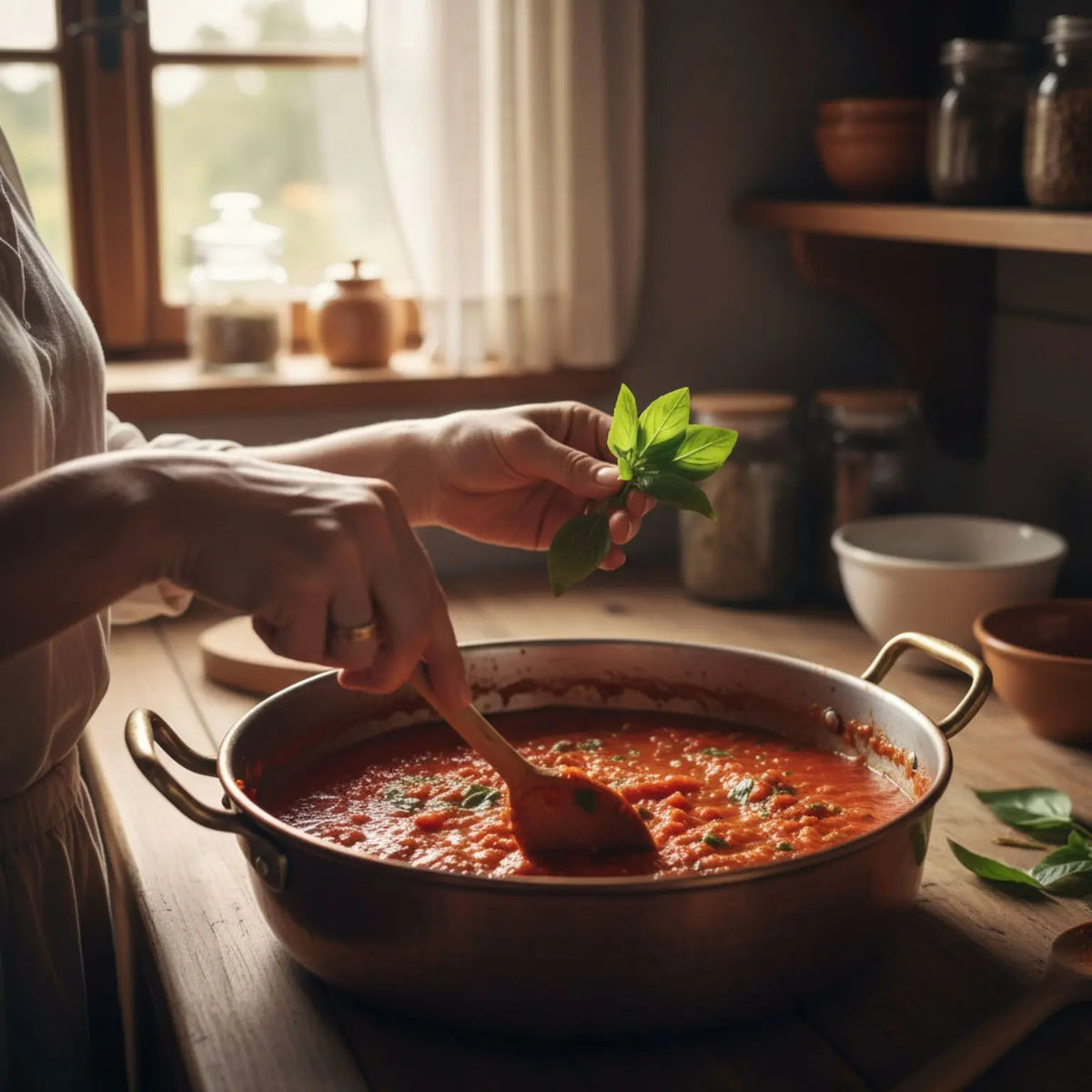 passata di pomodoro in pentola con basilico e olio extravergine di oliva