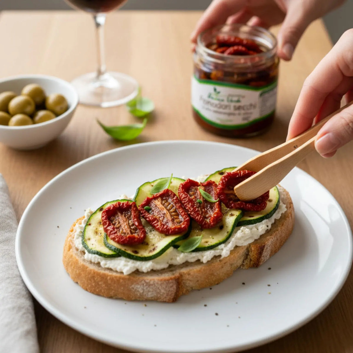bruschetta con pane artigianale, formaggio vegetale, zucchine grigliate e pomodori secchi in olio extravergine di oliva