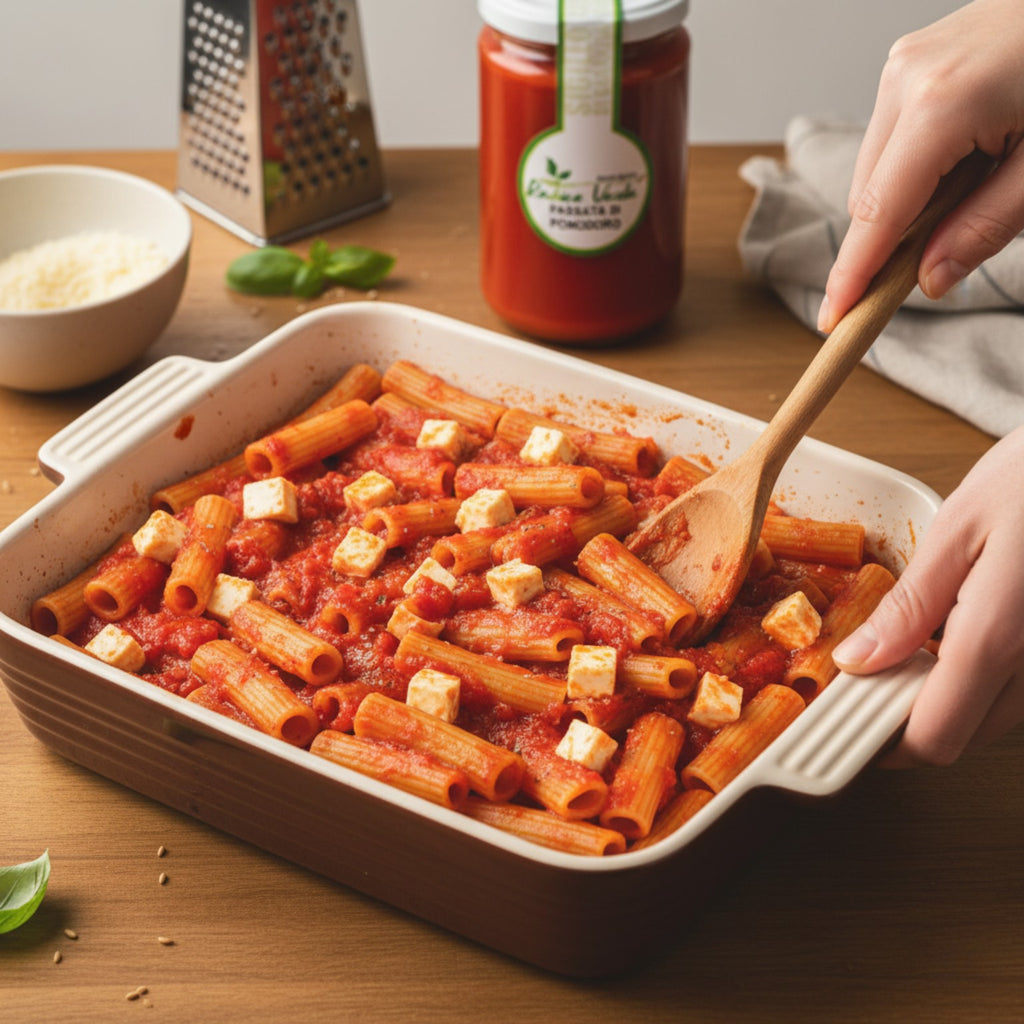 pasta al forno realizzata con rigatoni di grano duro senatore cappelli, passata di pomodoro artigianale e mozzarella vegetale