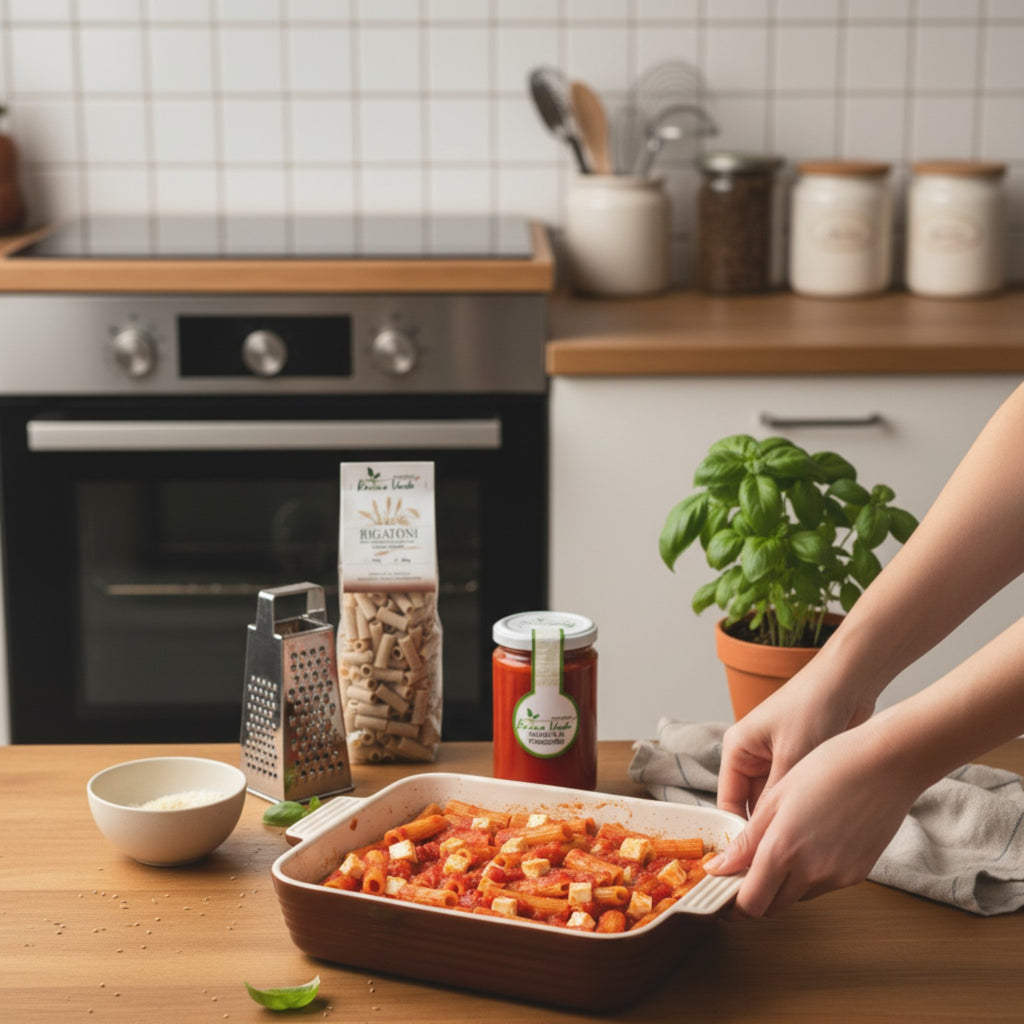 pasta al forno realizzata con rigatoni di grano duro senatore cappelli