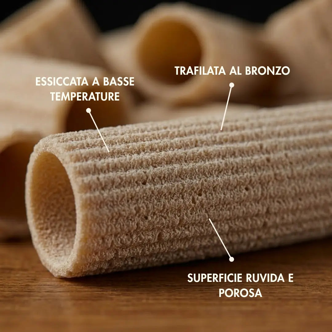 caratteristiche della pasta di grano duro senatore cappelli:
1. trafilata al bronzo
2. essiccata a basse temperature
3. superficie ruvida e porosa per tranese ogni tipo di condimento.