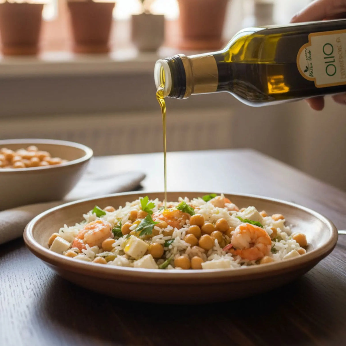Riso con feta, gamberi e cicerchie al naturale condito con un filo di olio extravergine di oliva 