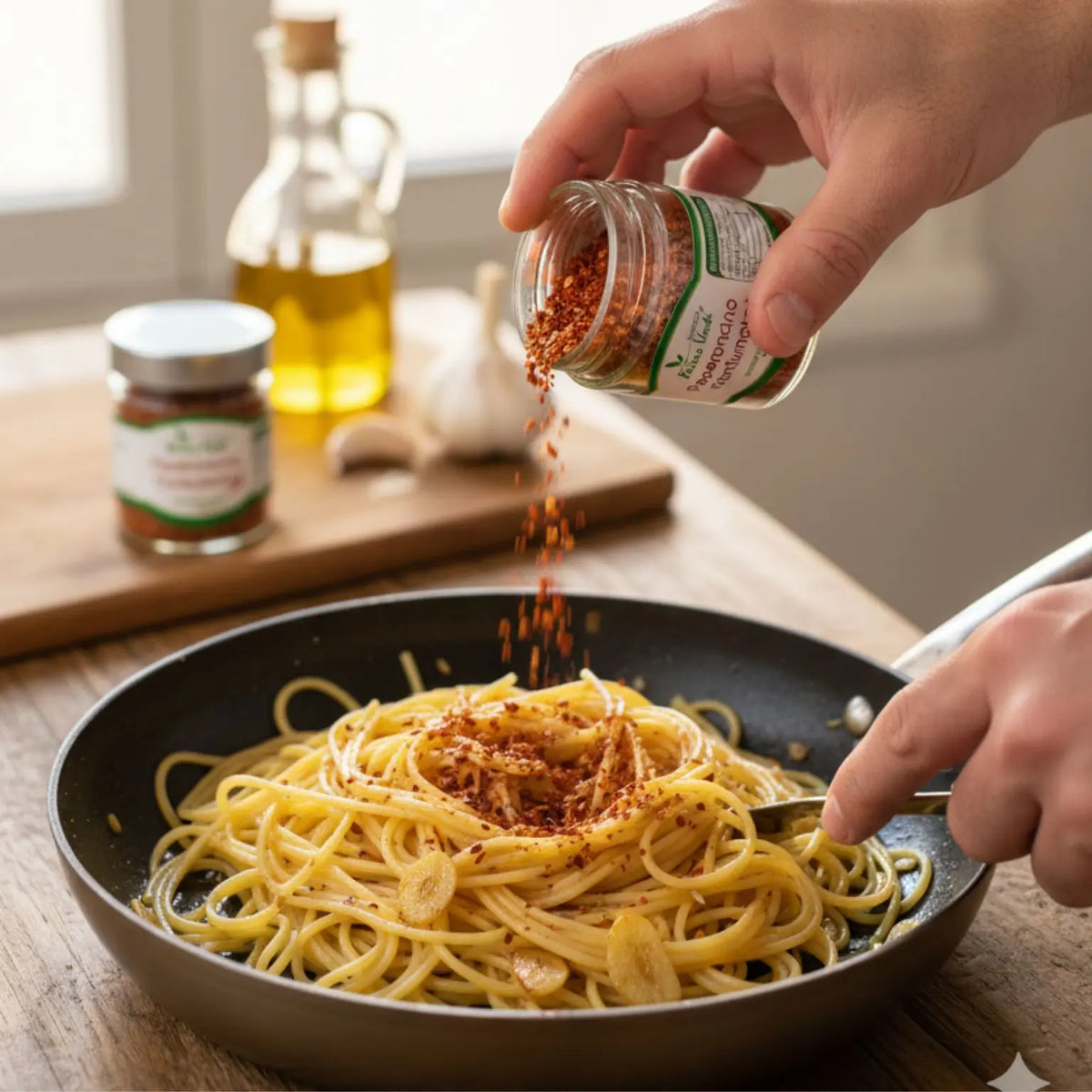 spaghetti di grano duro senatore cappelli, aglio olio e peperoncino frantumato
