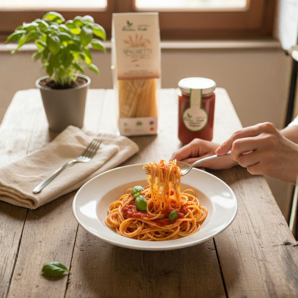 piatto di spaghetti di grano duro senatore cappelli e passata di pomodoro artigianale