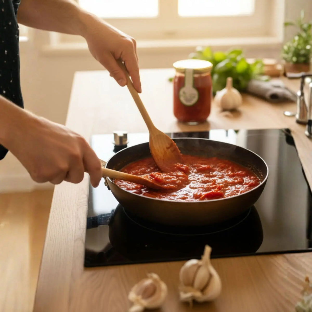 pasta di grano senatore cappelli condita con pomodori pelati in vetro realizzati artigianalmente in italia 