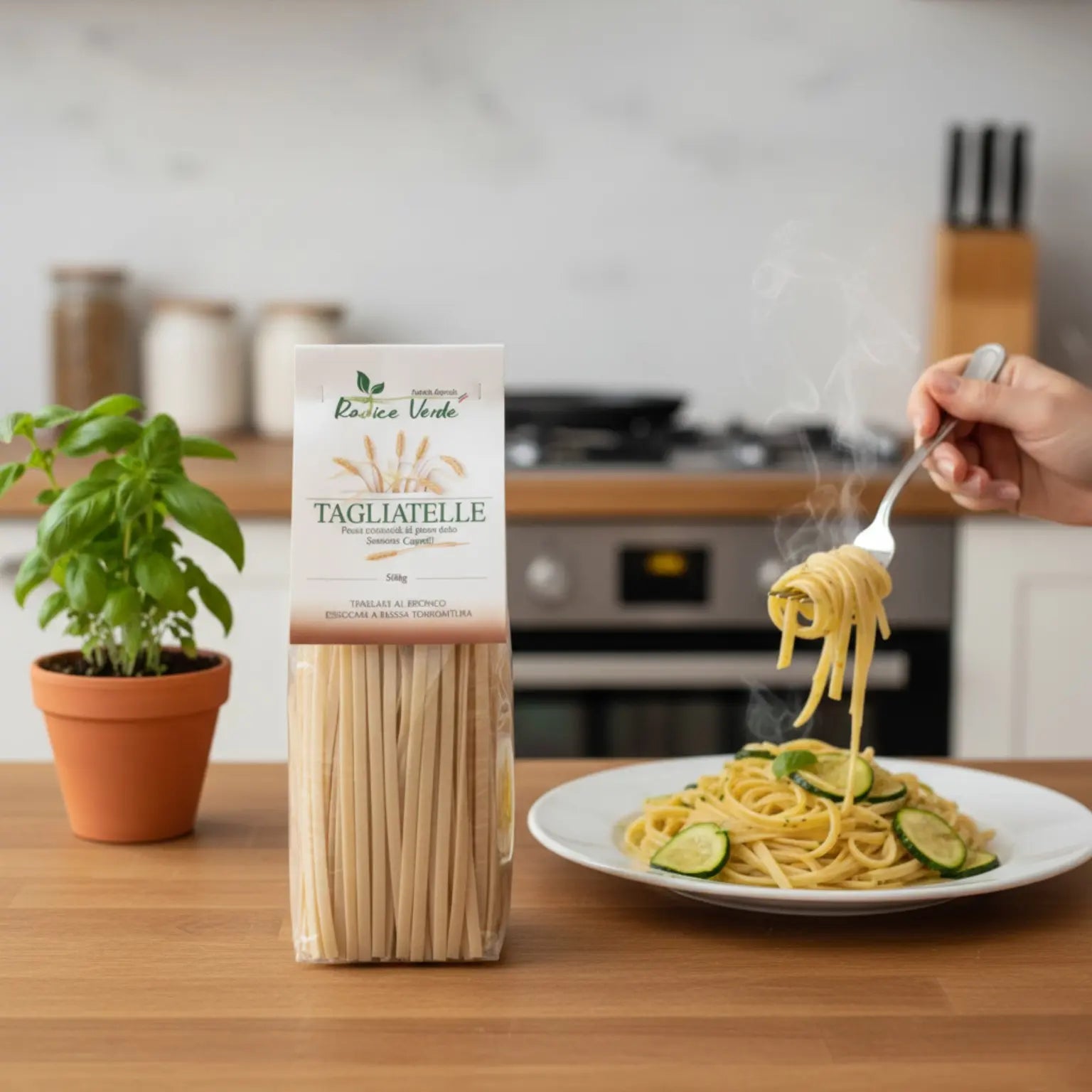 pranzo a base di tagliatelle di grano duro senatore cappelli con zucchine, formaggio vegetale e pepe nero