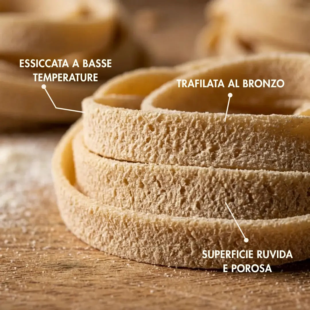 Tagliatelle di grano duro senatore cappelli, pasta artigianale trafilata al bronzo, essiccata lentamente a basse temperature e con una superficie ruvida e porosa che permette di trattenere tutto il condimento.