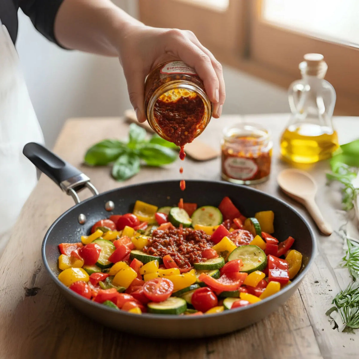 verdure in padella con olio extravergine di oliva e peperoncino piccante in olio extravergine di oliva 