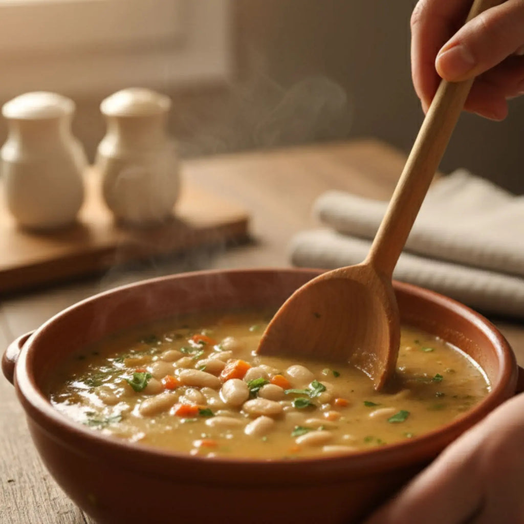 zuppa di legumi con fagioli piattelle coltivati in Molise, prezzemolo e soffritto pronto all'uso