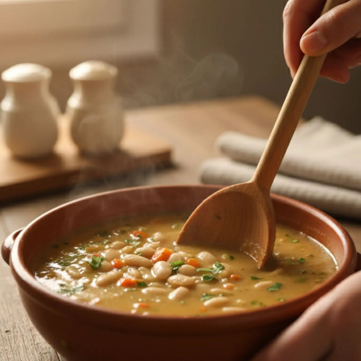 zuppa di legumi con fagioli piattelle coltivati in Molise, prezzemolo e soffritto pronto all'uso