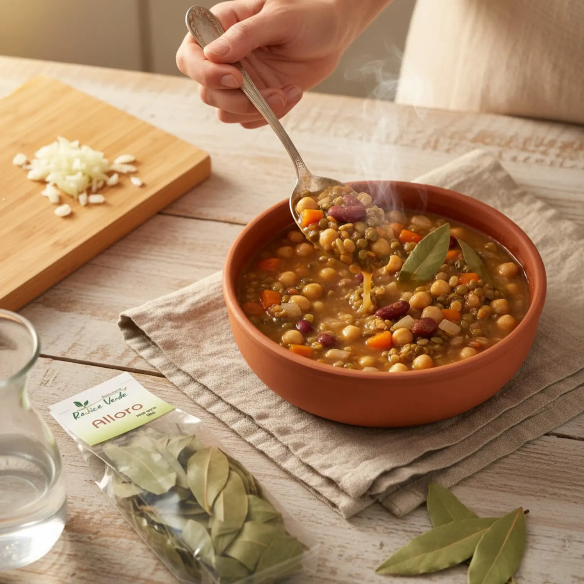 zuppa di legumi artigianale con alloro essiccato 