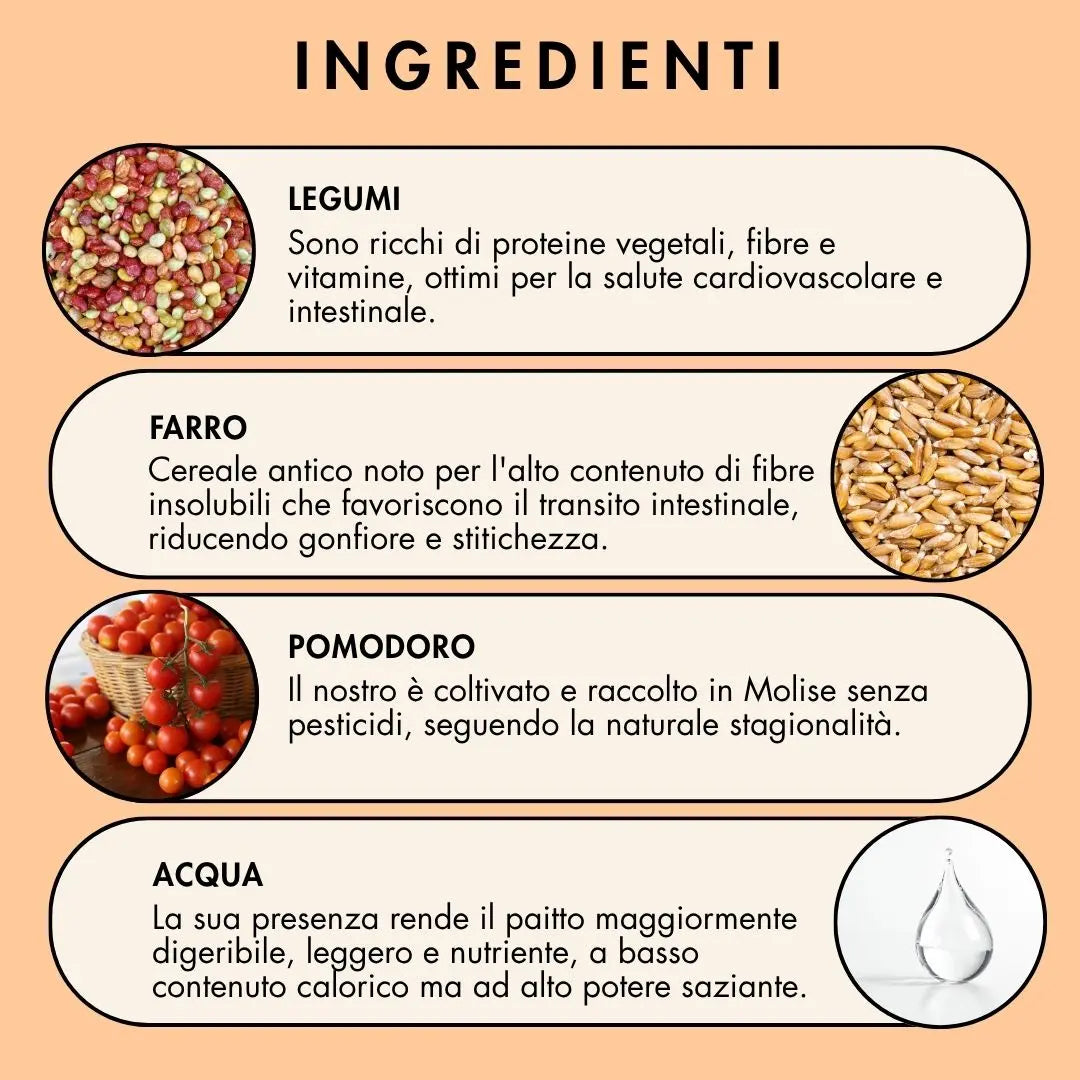 ingredienti della zuppa di legumi e farro: legumi, farro, pomodoro, acqua e sale