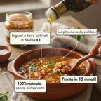 zuppa di legumi e farro senza conservanti, realizzata in Molise, semplicemente da scaldare e epronta in 15 minuti