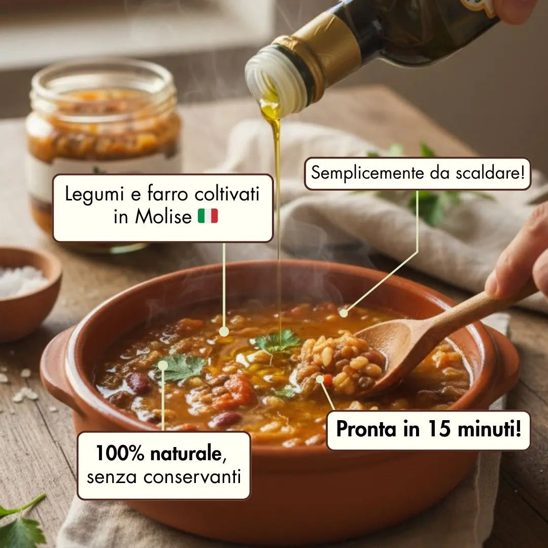 zuppa di legumi e farro senza conservanti, realizzata in Molise, semplicemente da scaldare e epronta in 15 minuti