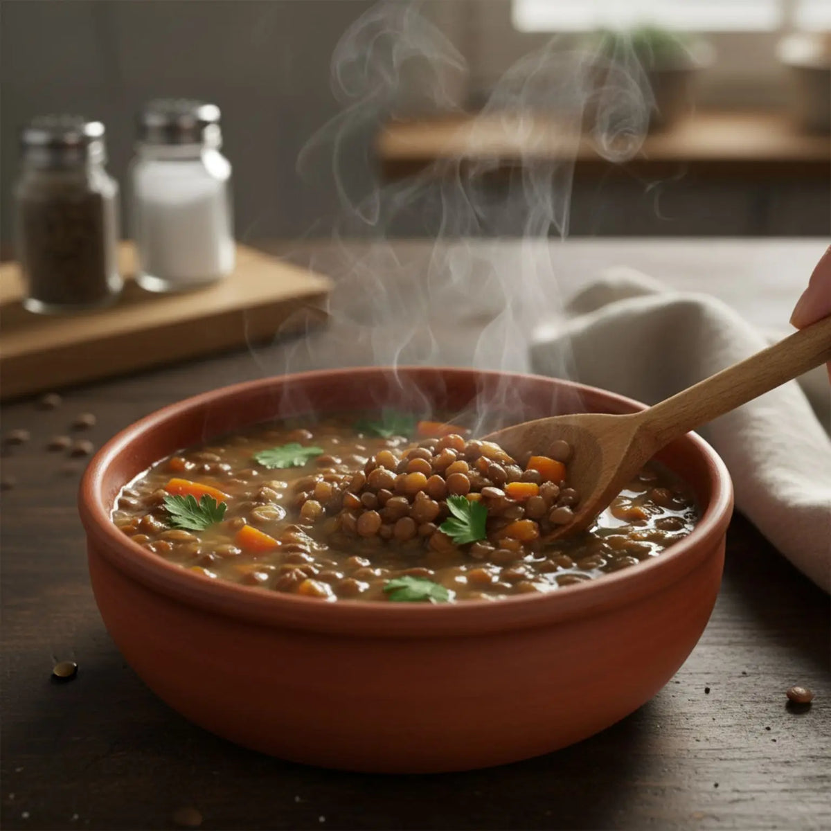 zuppa di lenticchie secche coltivate senza pesticidi, carote e prezzemolo